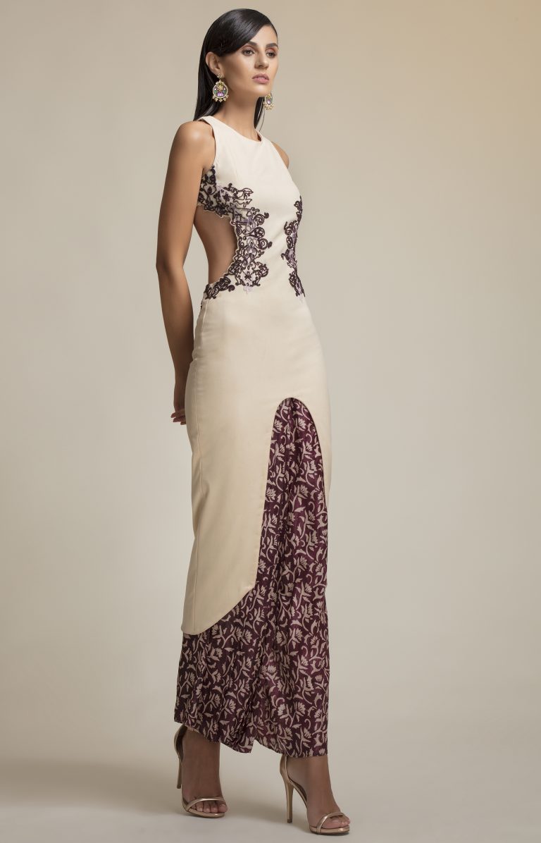 Block Printed Backless Tussar Silk Sari Gown 2