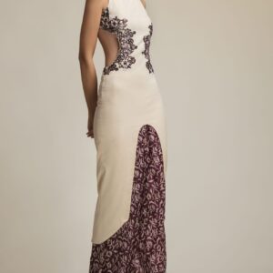 Backless Sari Gown with Side Cut-Outs in India | Block Printed Backless Tussar Silk Sari Gown 2