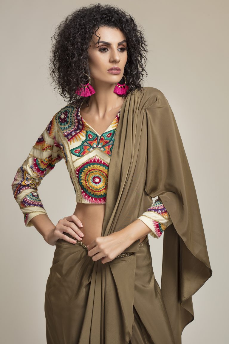 Multi Colored Embellished Pre-Stitched Saree Set