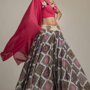 Buy Mandala Printed Lehenga in Toronto - Delhi - New Jersey | Folklore Collections - Fuchsia Draped Sleeve Blouse and Printed Skirt 1, designer sale canada designer clothes toronto popular clothing stores in toronto