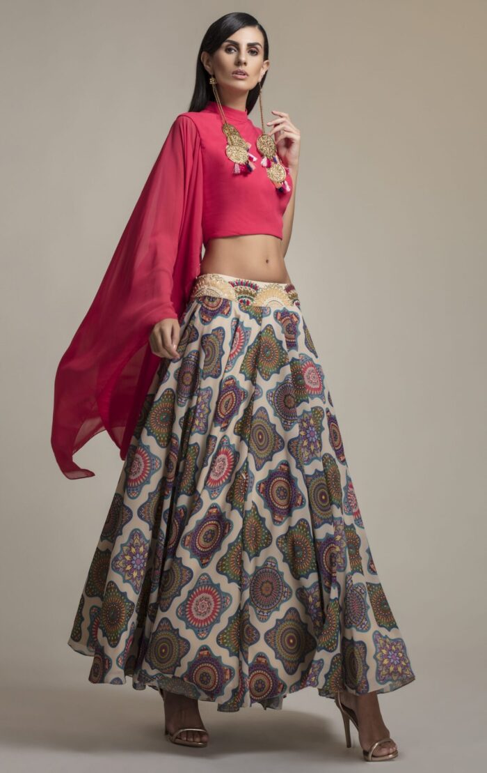 Buy Mandala Printed Lehenga in Toronto - Delhi - New Jersey | Folklore collections - Fuchsia Draped Sleeve Blouse and Printed Skirt, designer sale canada designer clothes toronto popular clothing stores in toronto