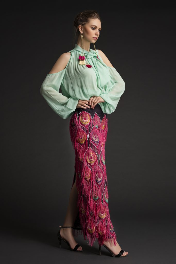 Buy Fuchsia Fringes Midi Skirt in Toronto - Delhi At Folklore | Embroidered Skirt Cocktail Dress