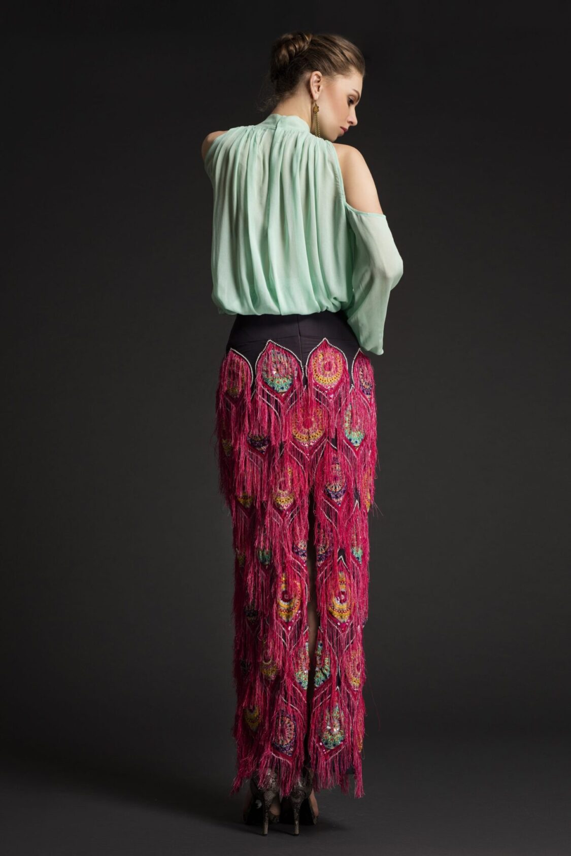 Fuchsia Fringe Midi Skirt with Cold Shoulder Blouse