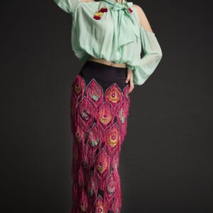 Fuchsia Fringe Midi Skirt with Cold Shoulder Blouse
