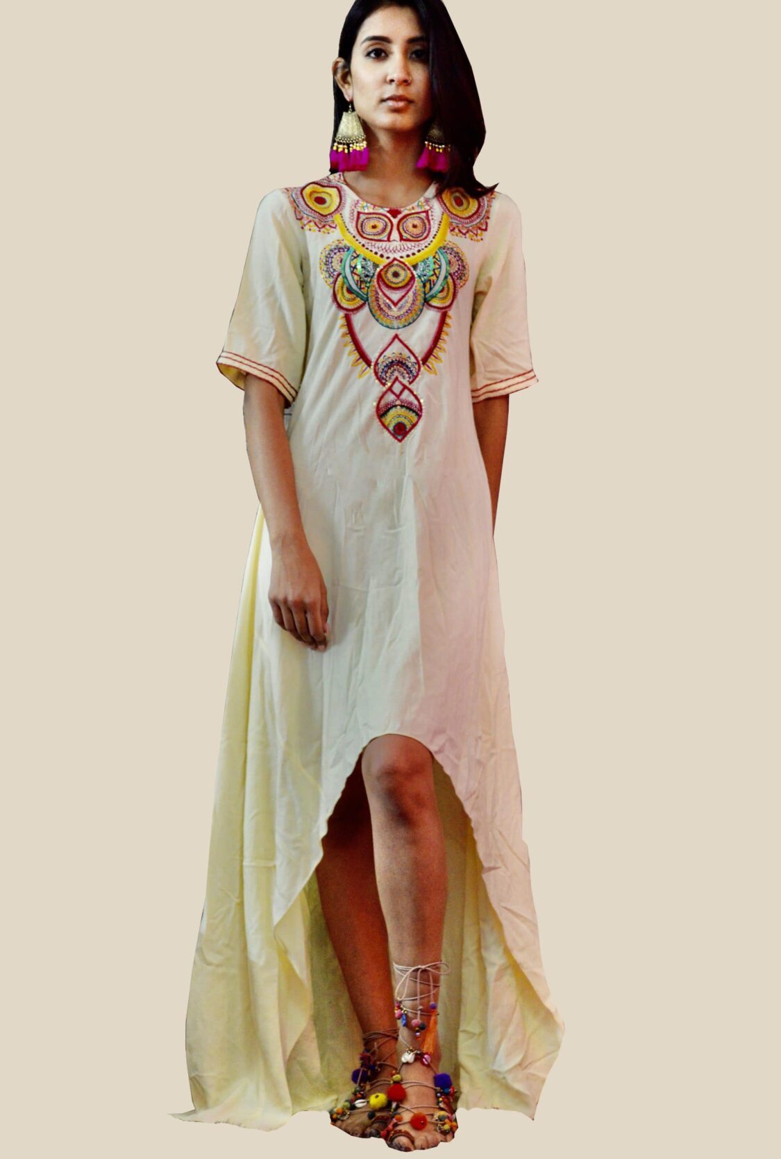 Linen High- Low Embroidered Dress