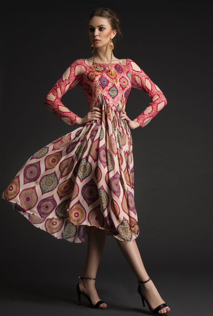 Mandala Printed Sequin-Silk Midi Dress