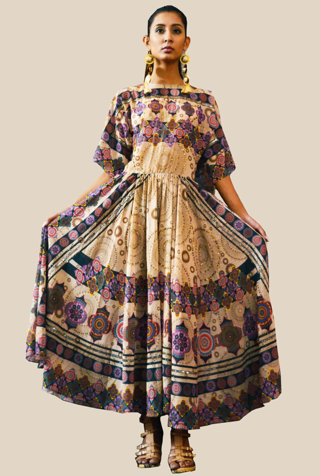 Mandala Printed Georgette Embroidered Midi Dress