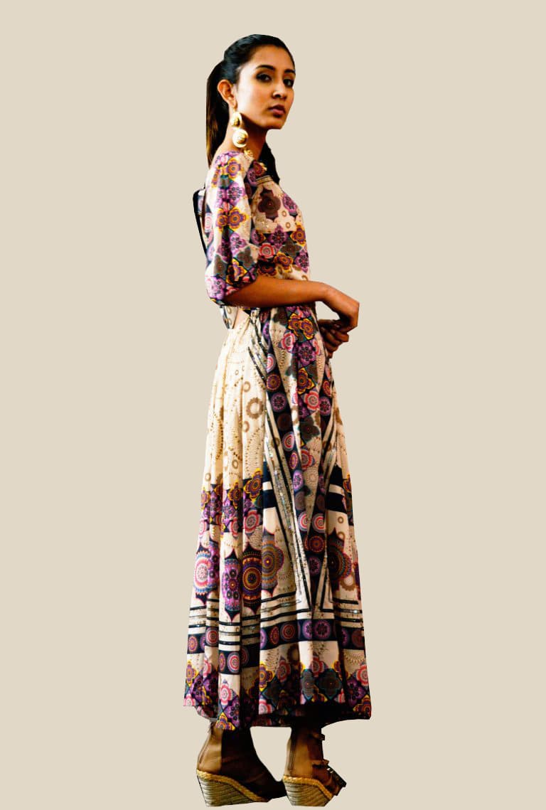 Mandala Printed Georgette Embroidered Midi Dress