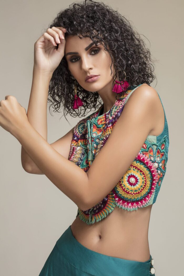 Buy Mandala Crop Top Online In India - Canada - USA at folklore | Multi Embroidered Drape Silk Skirt And Crop Blouse 1