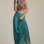 Multi Embroidered Drape Silk Skirt And Crop Blouse