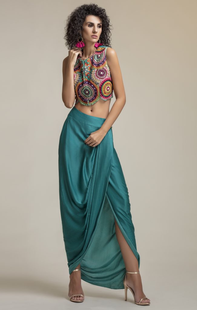 Buy Mandala Crop Top Online In India - Canada - USA at folklore | Multi Embroidered Drape Silk Skirt And Crop Blouse