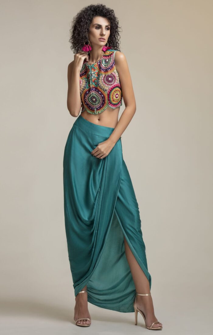 Buy Mandala Crop Top Online In India - Canada - USA at folklore | Multi Embroidered Drape Silk Skirt And Crop Blouse
