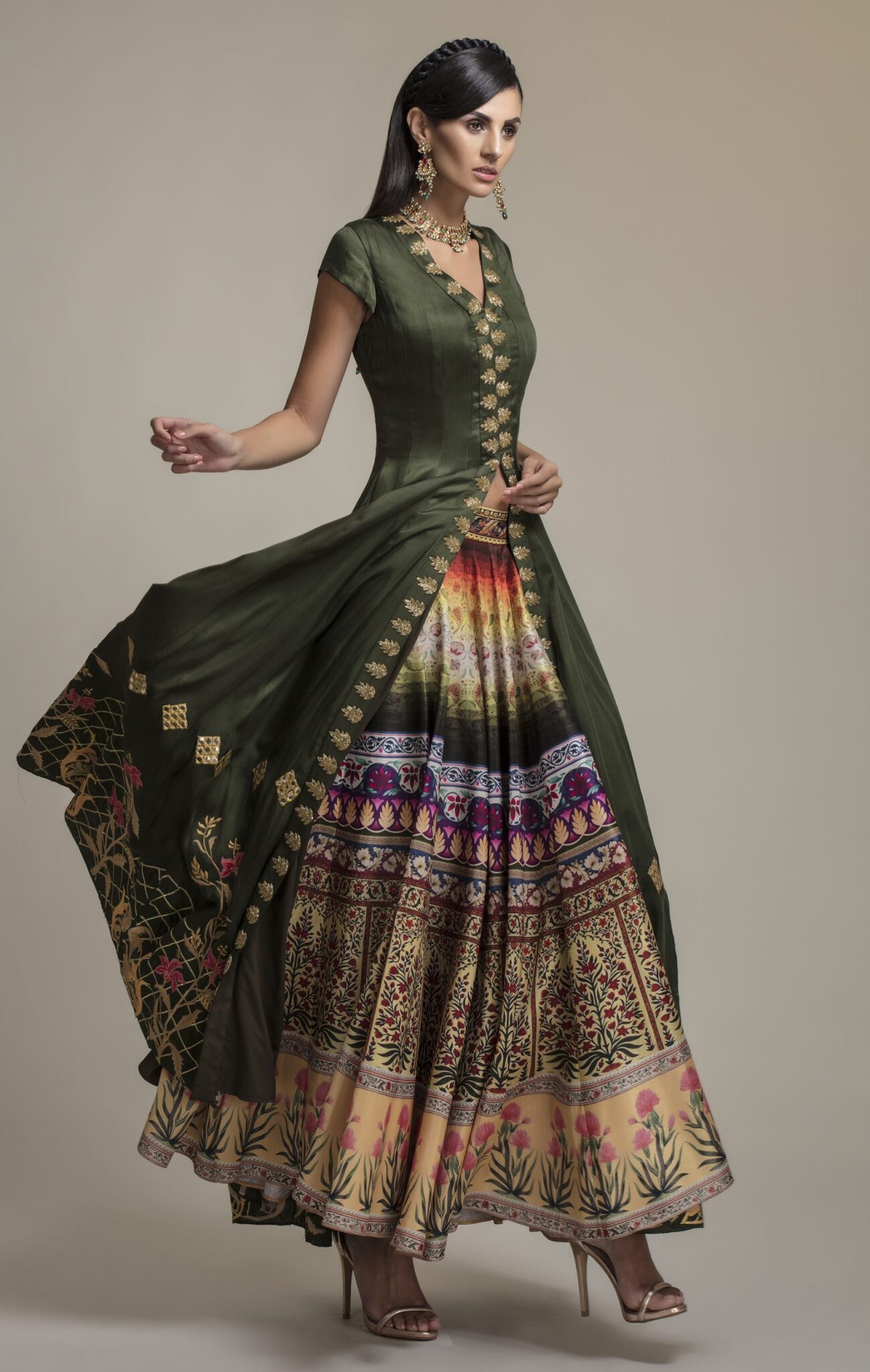 Anarkali Embroidered Jacket with Printed Skirt | Embroidered Silk Jacket Lehenga Set