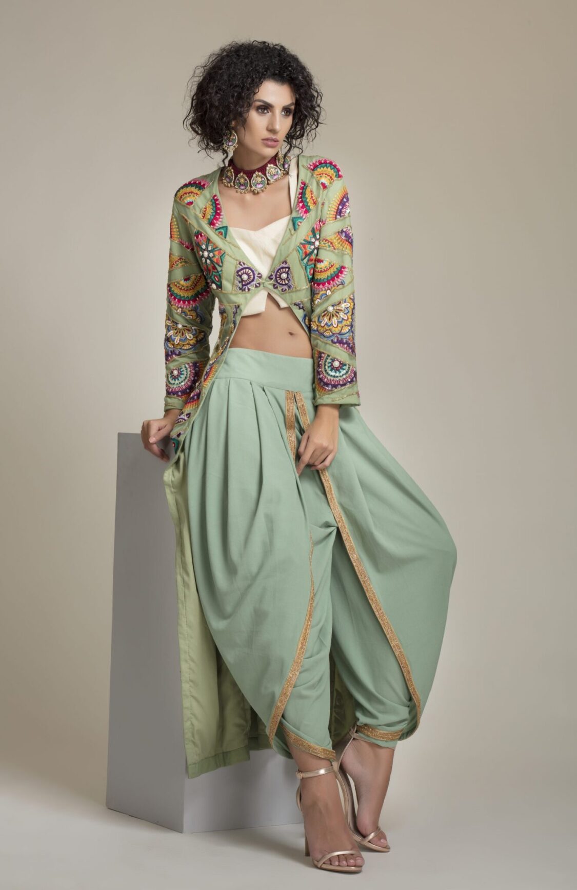 Pista Long Embroidered Jacket with Pre-draped Dhoti set
