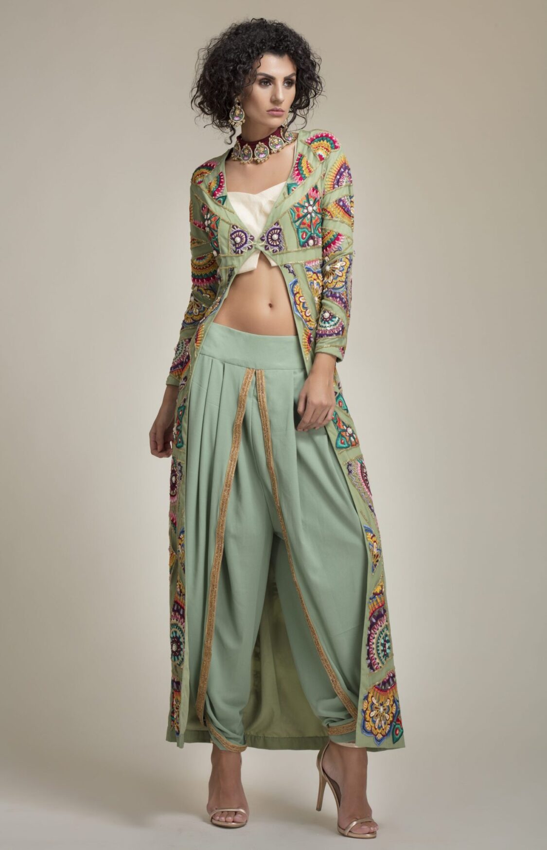 Pista Long Embroidered Jacket with Pre-draped Dhoti set