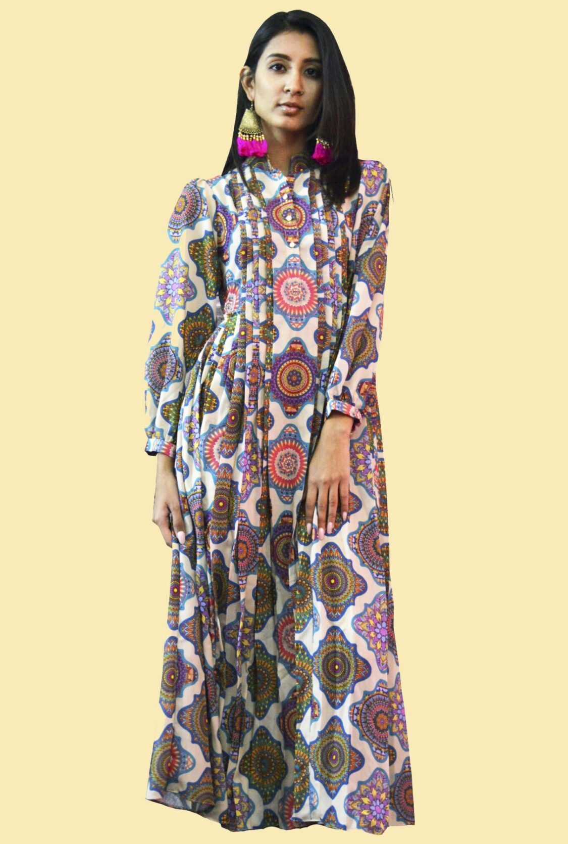 Buy Pleated Cream Print Dress online in Toronto - Delhi At Folklore