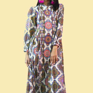 Buy Pleated Cream Print Dress online in Toronto - Delhi At Folklore