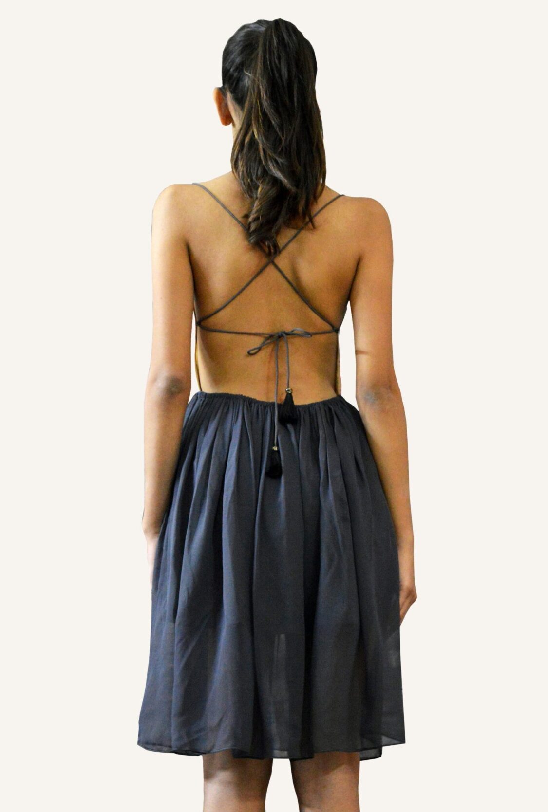 Printed Pleated Fringe Backless Dress