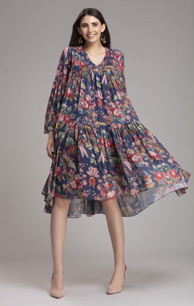 Printed tiered Georgette Midi dress