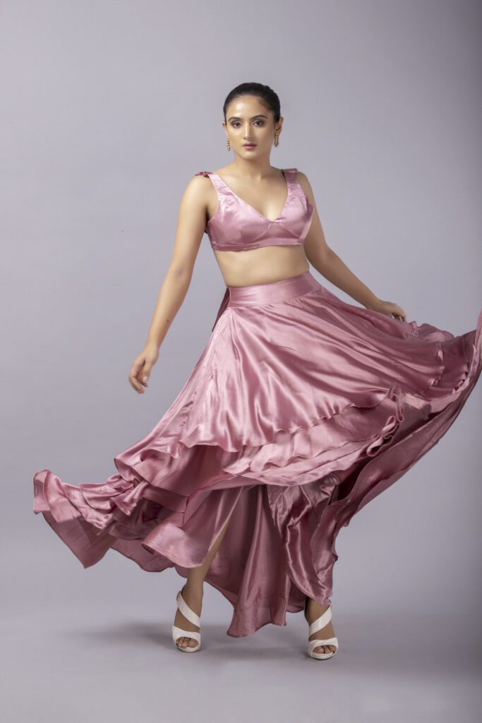 Buy Satin Layered high-low skirt set in Toronto - Delhi - New Jersey at Folklore Collections | Satin Layered skirt in Delhi | Skirt Set online at Folkore