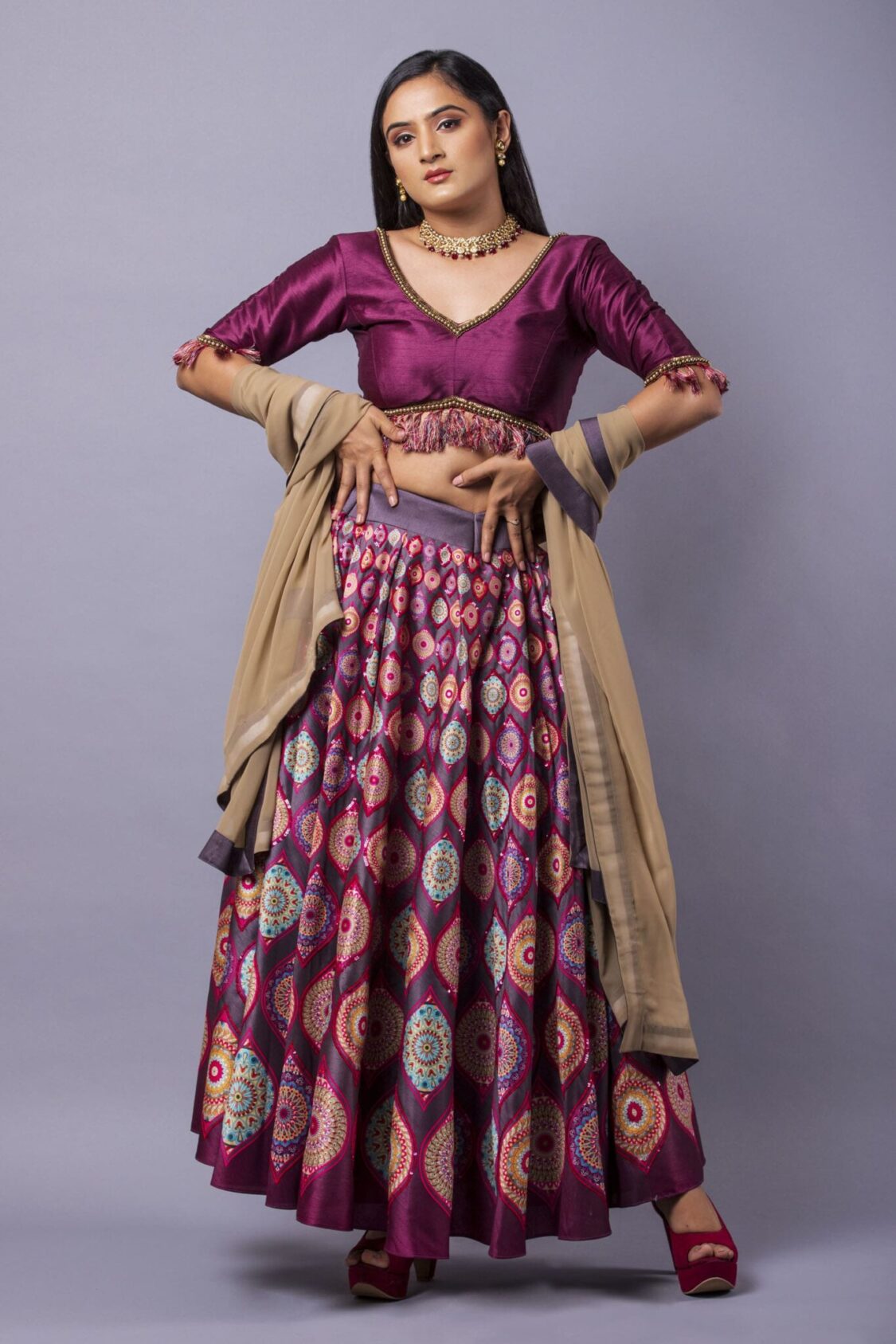 Multi-Colored Mandala Satin Silk Lehenga Set
