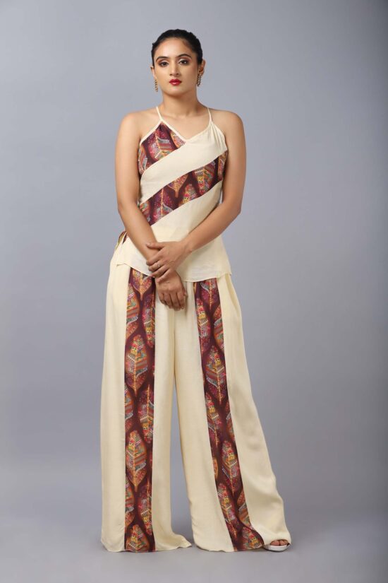Buy Warli Cream slip top with flare pants at Folklore Collections