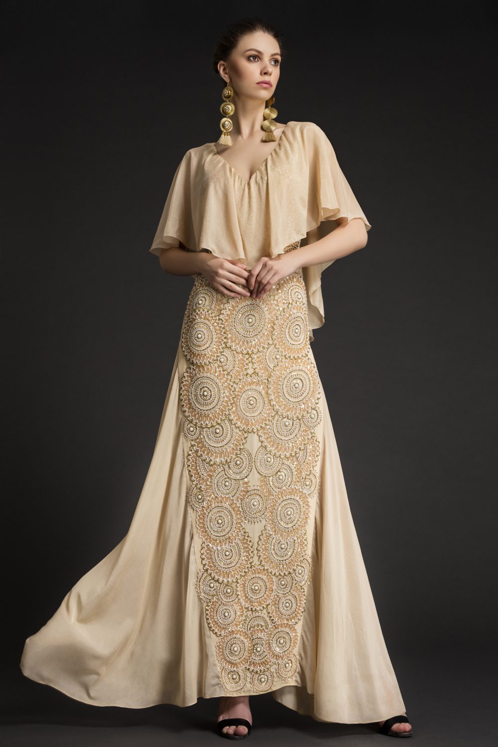 Gold Hand Embroidered Mandala Gown | Beige Embroidered Mandala Gown