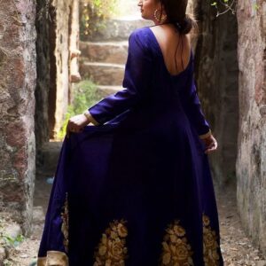 Persian Blue designer Cocktail Gown hand embroidered Silk gown.
