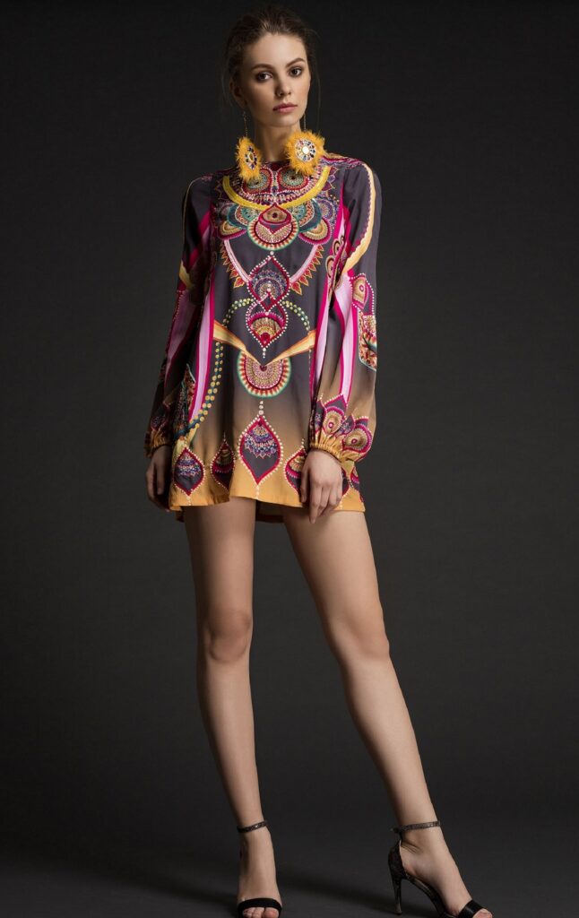 Mandala Printed Sequin-Detailed Crepe Dress