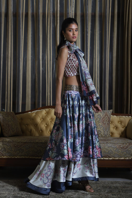 Adhaa printed layered skirt with blouse