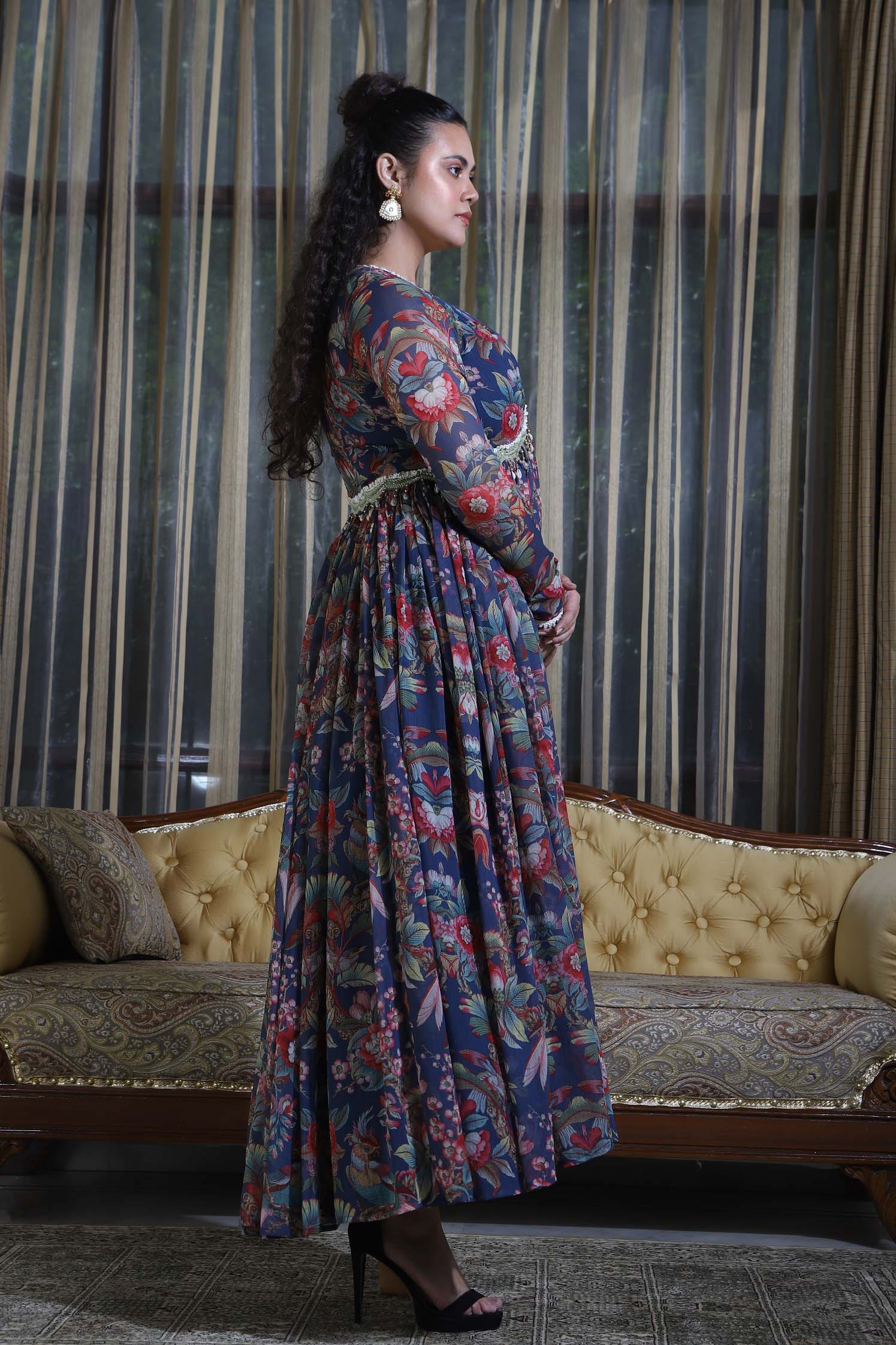 Blue tropical print gathered dress