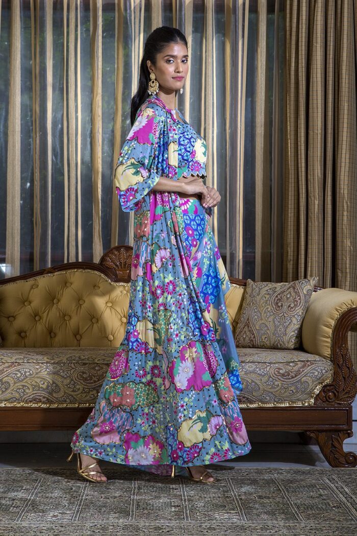 Suramya Top and Skirt set  Buy Suramya Beige Lotus Crop Top  Skirt With  Floral Jacket Set of 3 Online  Nykaa Fashion