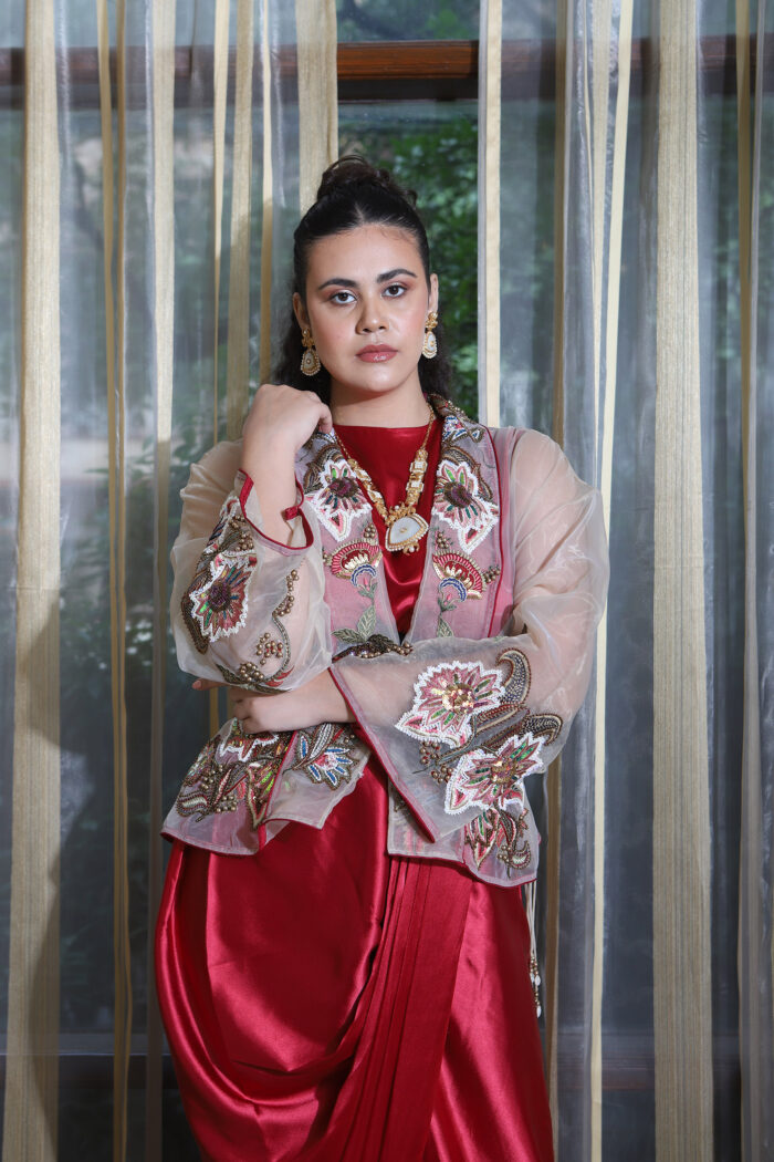 Indo Western Fusion Wear | Turkish Embroidered Organza Cover-up With Belt