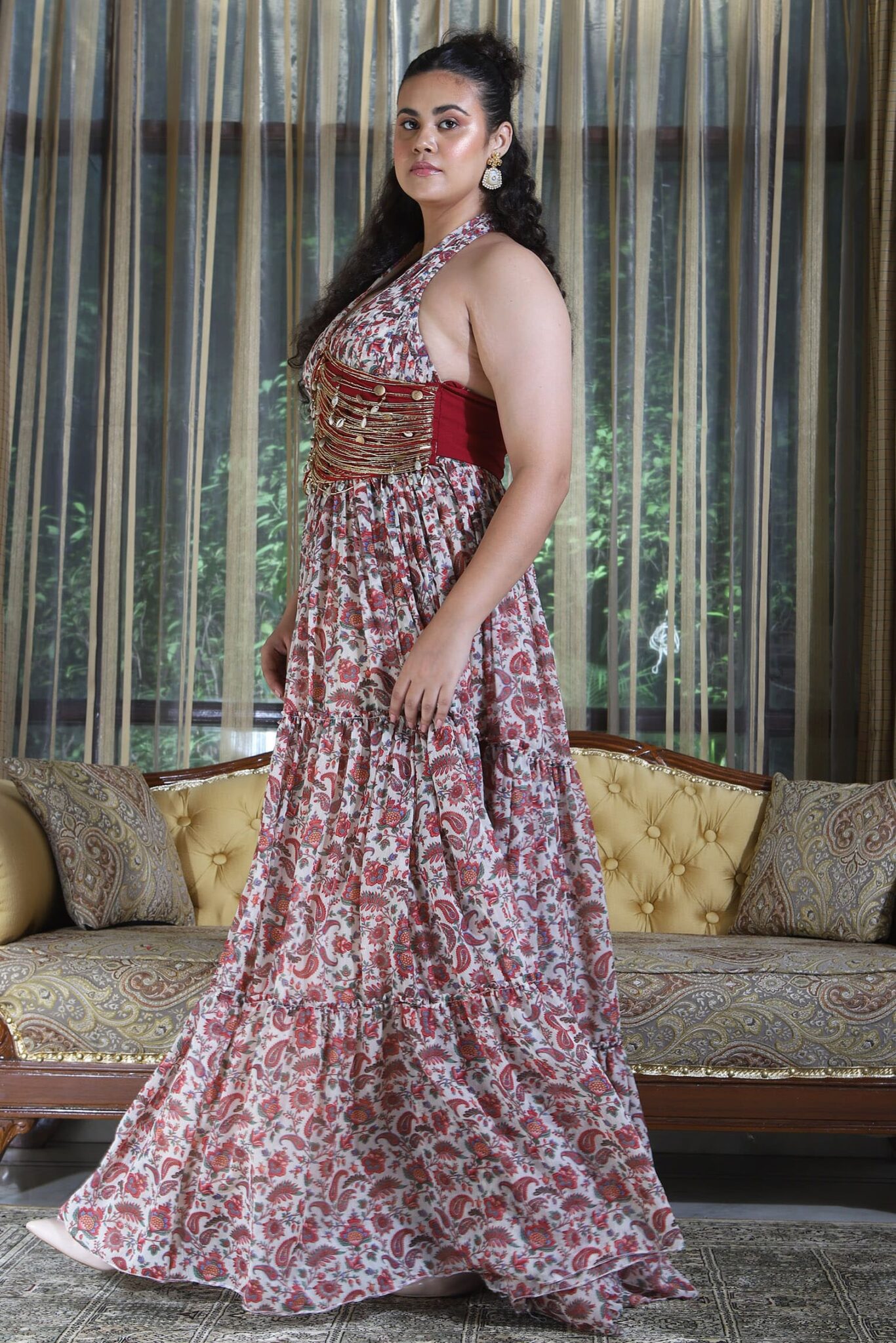 Red paisley print  gown with attached Banjaran belt
