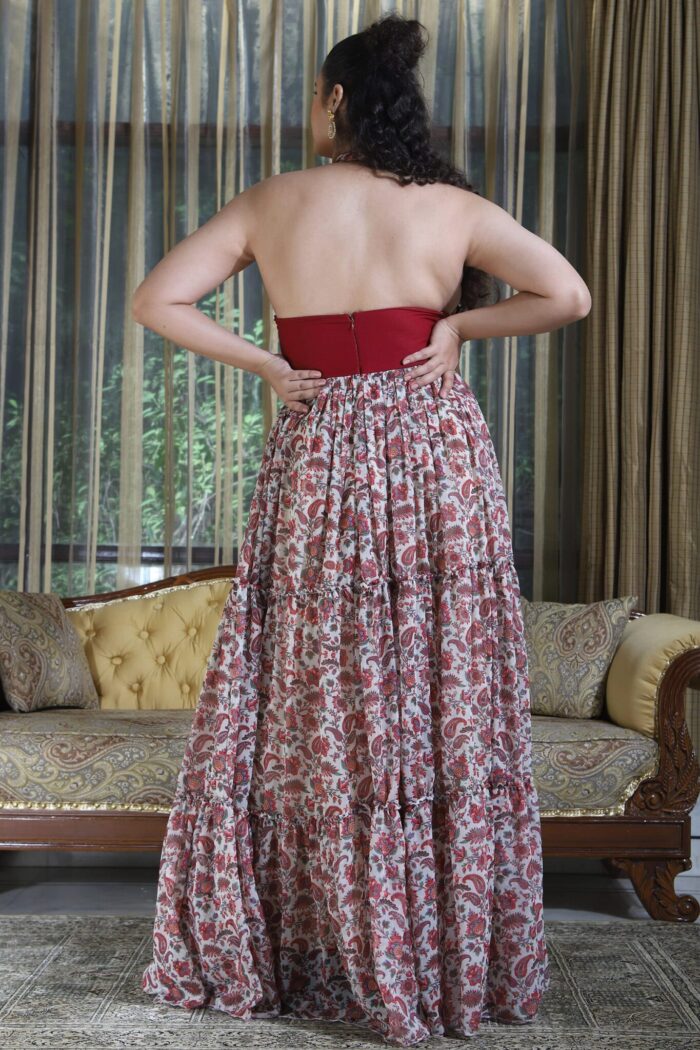 Red paisley print gown with attached Banjaran belt