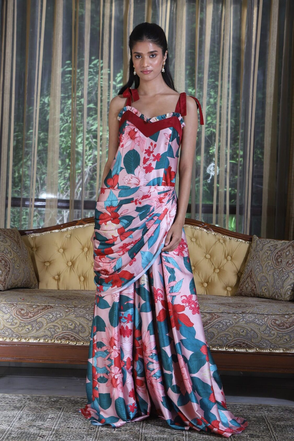 Red paisley print gown with attached Banjaran belt