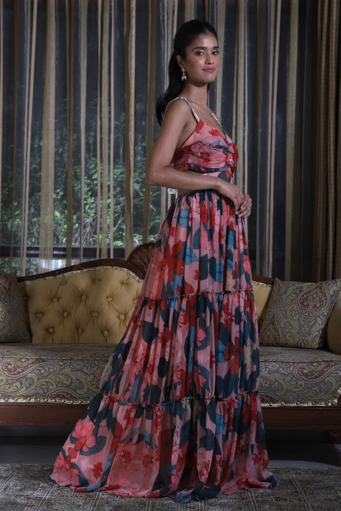 Red Tropical Print Side Cut-out Gown