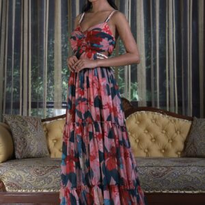 Red Tropical Print Side Cut-out Gown