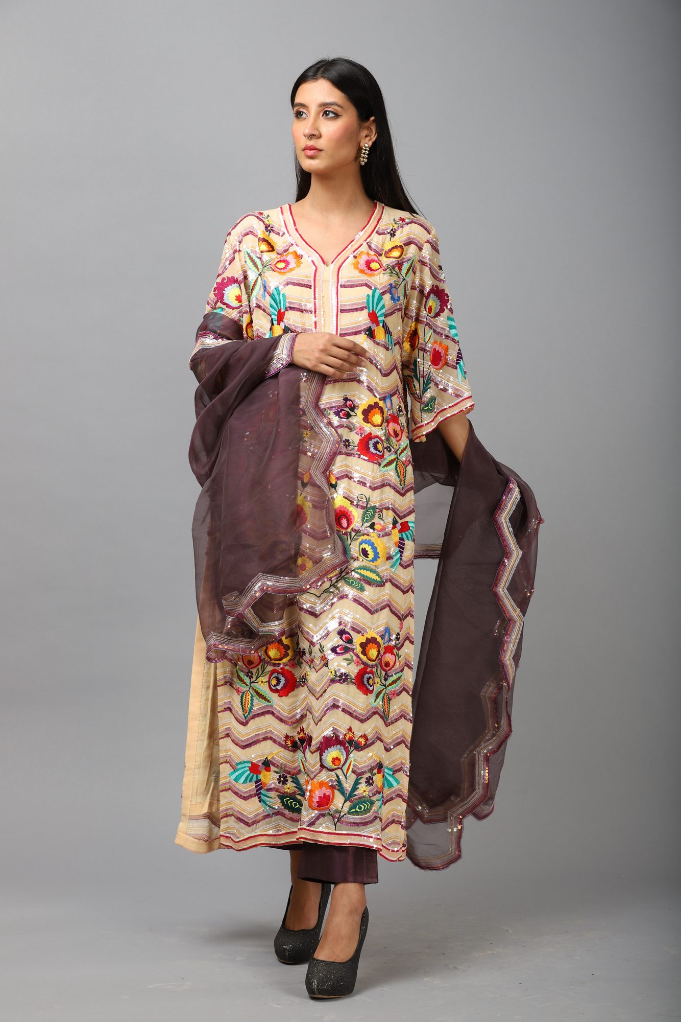 Purple Hand Embroidered Duit Set