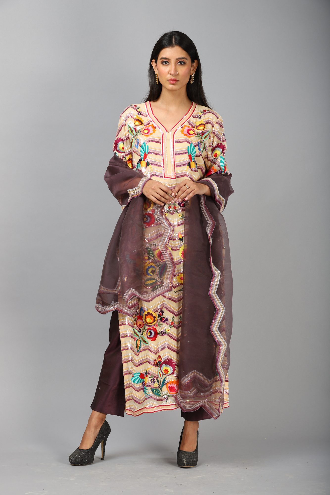 Purple Hand Embroidered Duit Set