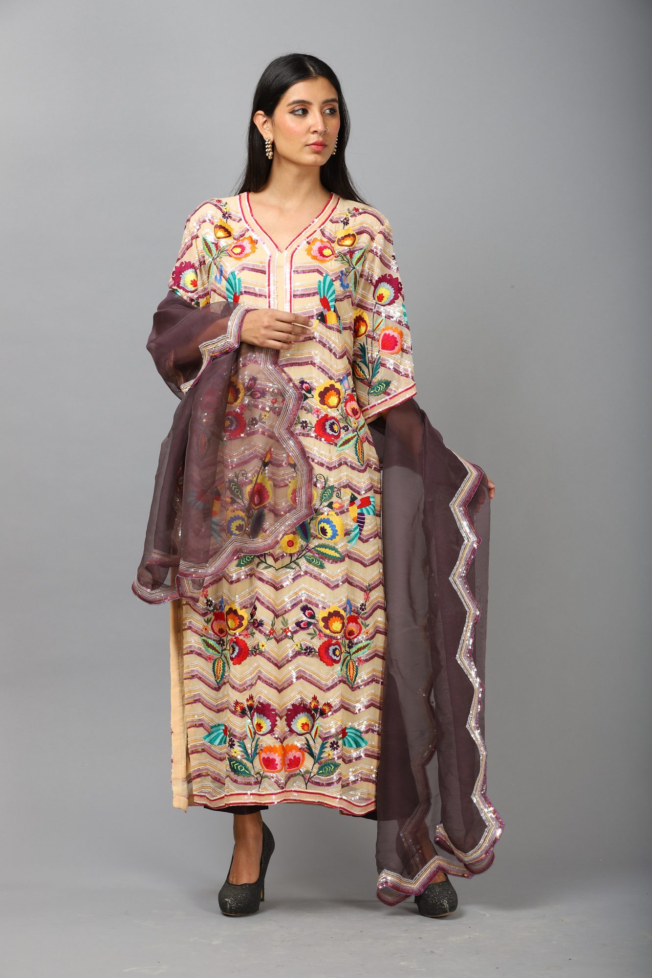 Purple Hand Embroidered Duit Set