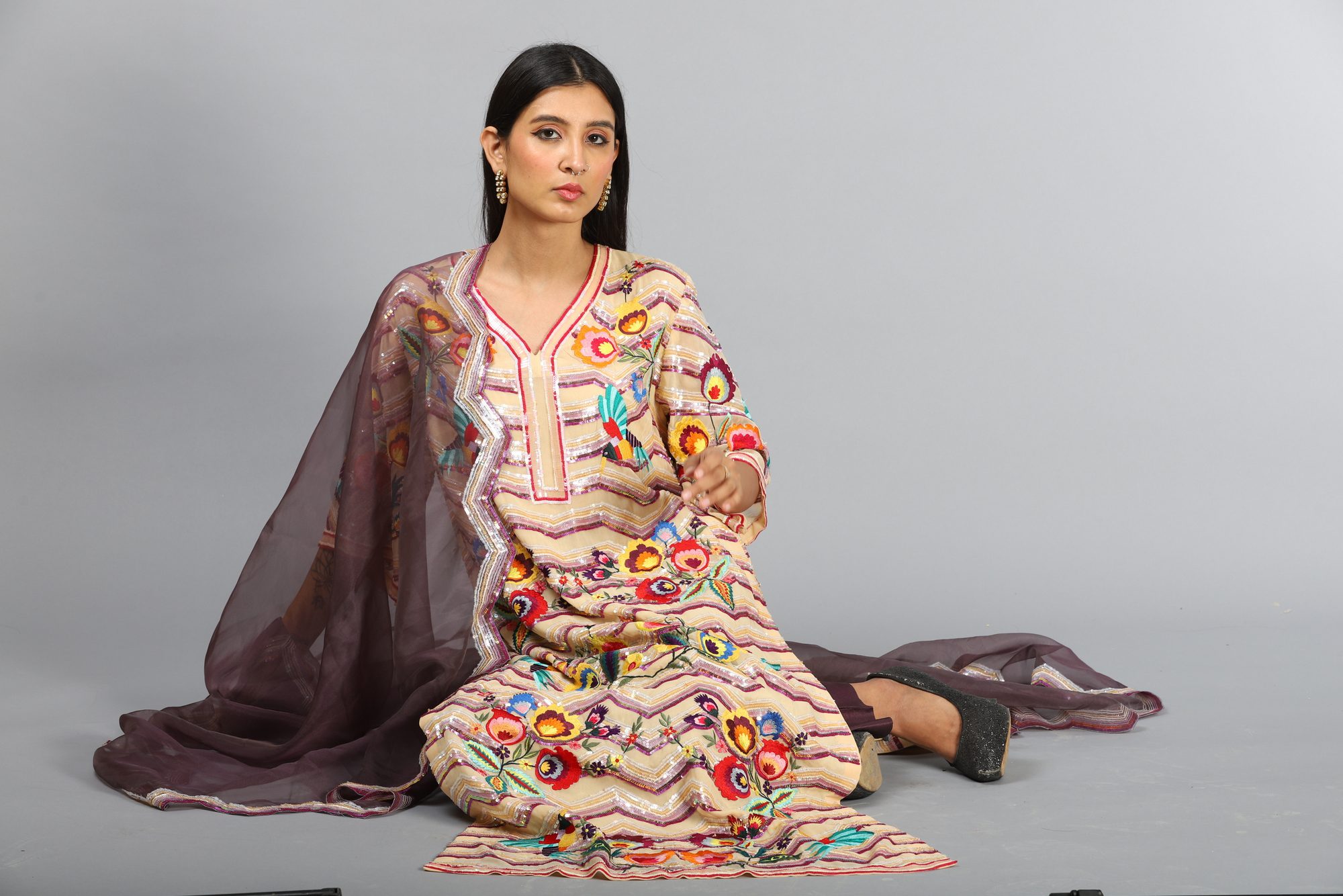 Purple Hand Embroidered Duit Set