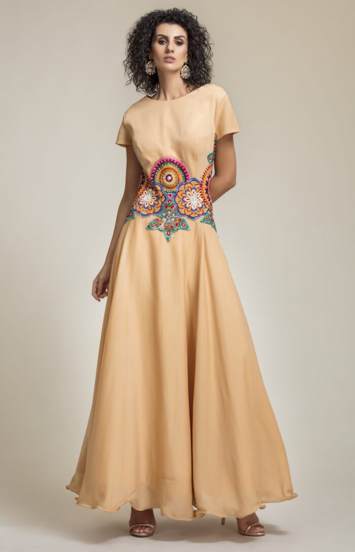Beige Embroidered Satin Gown