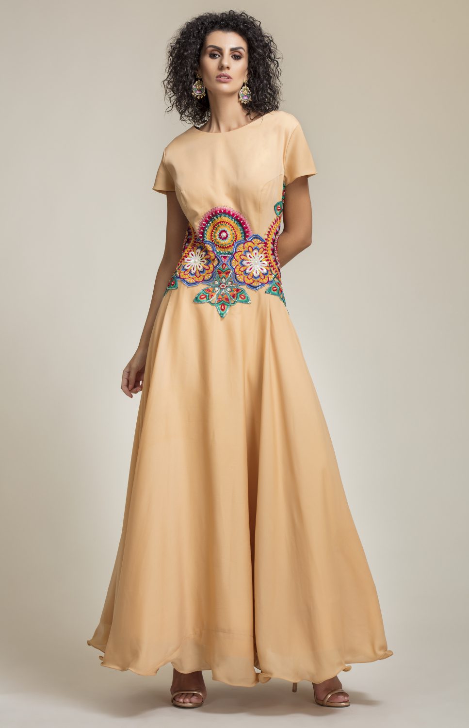 Beige Embroidered Satin Gown | Satin Gown Design For Girls