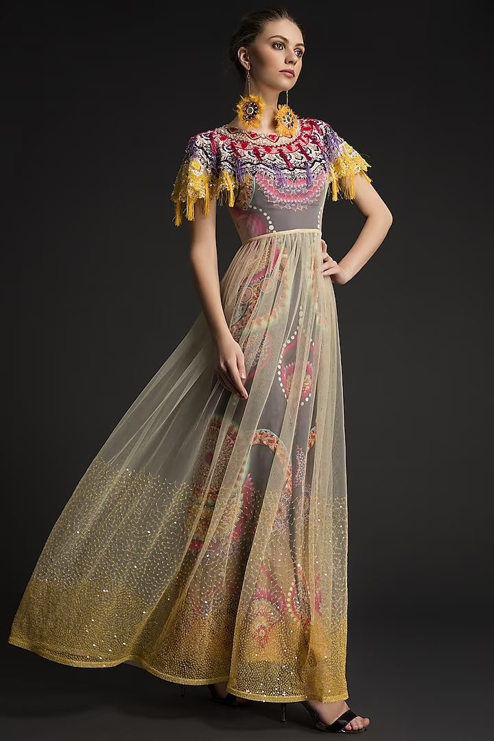 Multi-Colored Cotton Silk Hand Embroidered Gown | Buy Multicolor Gown design for women in Toronto - Dubai - Delhi