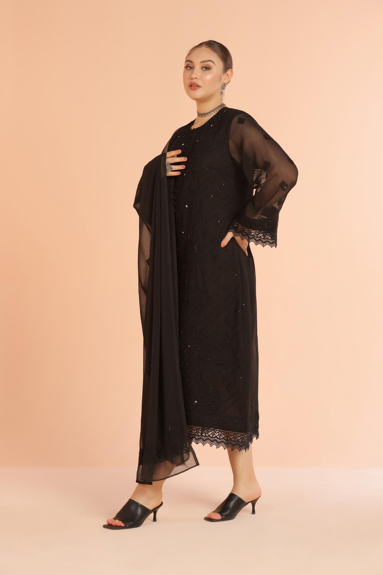 Black Lace Detail Chikankari Suit