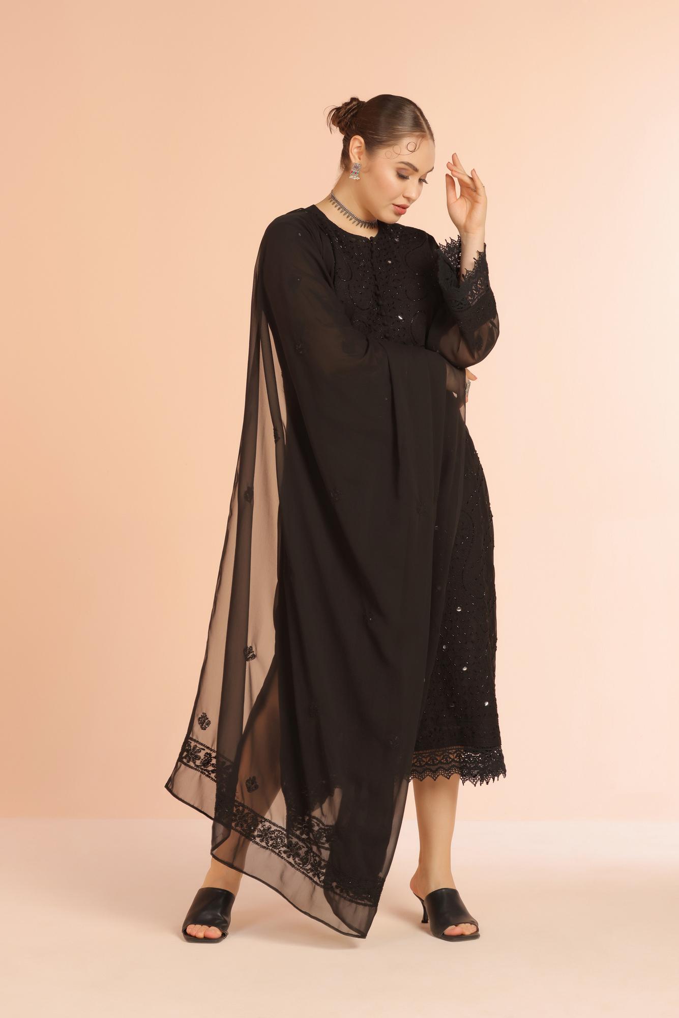 Black Lace Detail Chikankari Suit