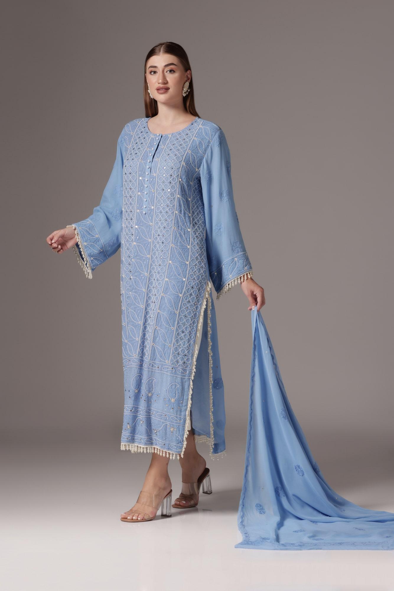 Blue Heavy Embroidered Chikan Suit With Dupatta