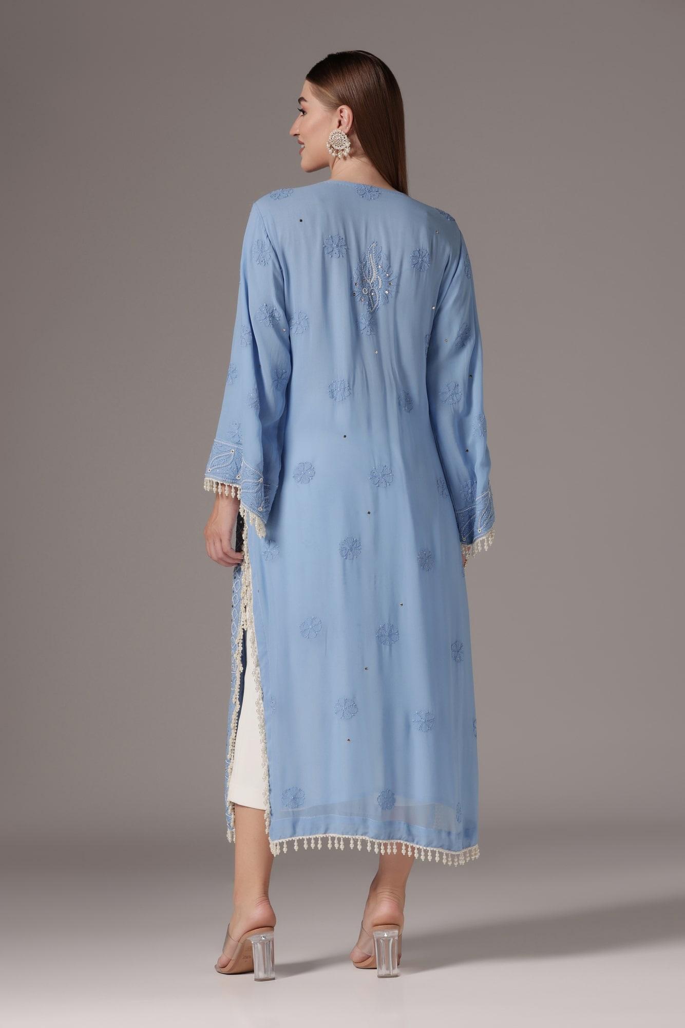 Blue Heavy Embroidered Chikan Suit With Dupatta