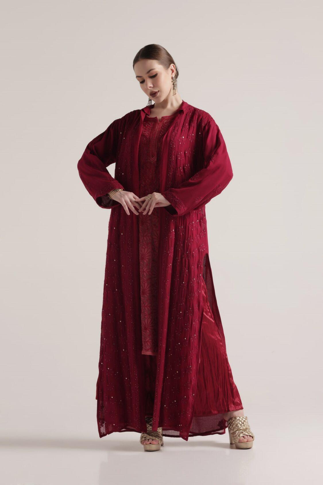 Burgundy Embroidered Chikankari Suit With Satin Pants